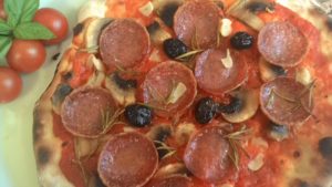Pizza with Tomato Salami Mushrooms Black Olives