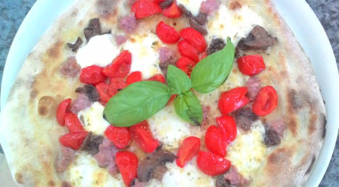 Focaccia with Sausage Mushroom Mozzarella and Tomatoes