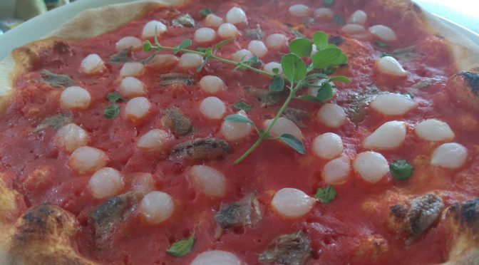 Pizza de anchoas con las cebollas y la mejorana