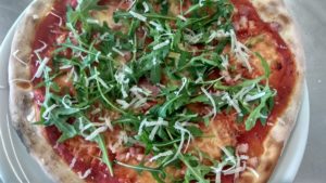 Bacon Pizza with Arugula and Parmesan