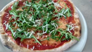 Bacon Pizza with Arugula and Parmesan