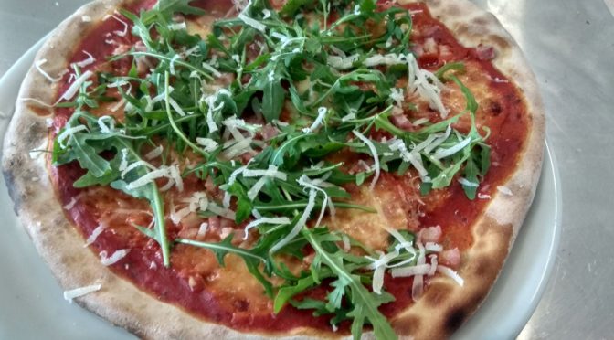 Bacon Pizza with Arugula and Parmesan