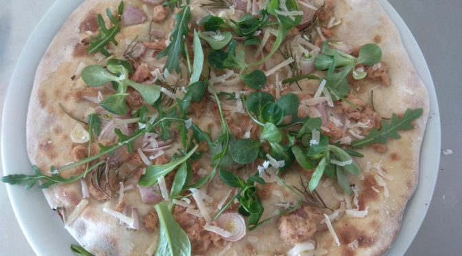 Tuna Onion Focaccia with Rocket and Parmesan