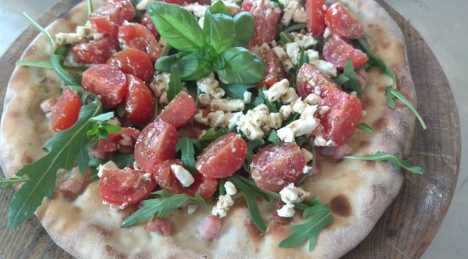 Focaccia With Bacon Arugula and Tomato Feta Cheese