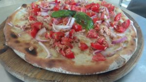 Pizza with Mozzarella Tomato and Onion Tuna