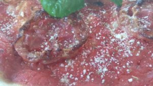 Pizza with Tomato Bacon Tomato and Pecorino