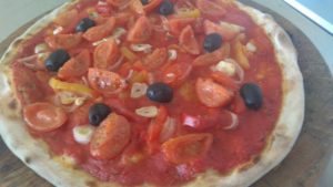 Pizza with Tomato Onion Peppers Black Olives