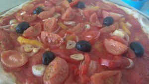 Pizza with Tomato Onion Peppers Black Olives