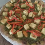 Vegan Pizza with Pesto, Potatoes, Peppers and Cherry Tomatoes