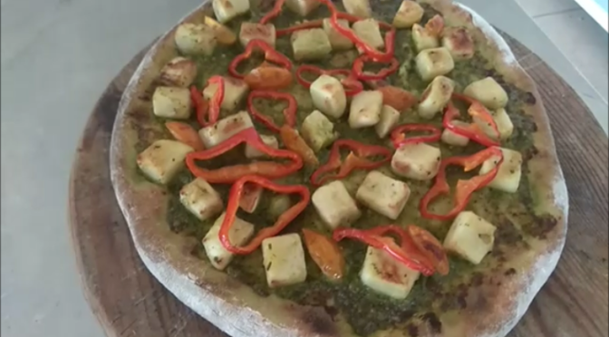 Vegan Pizza with Pesto, Potatoes, Peppers and Cherry Tomatoes